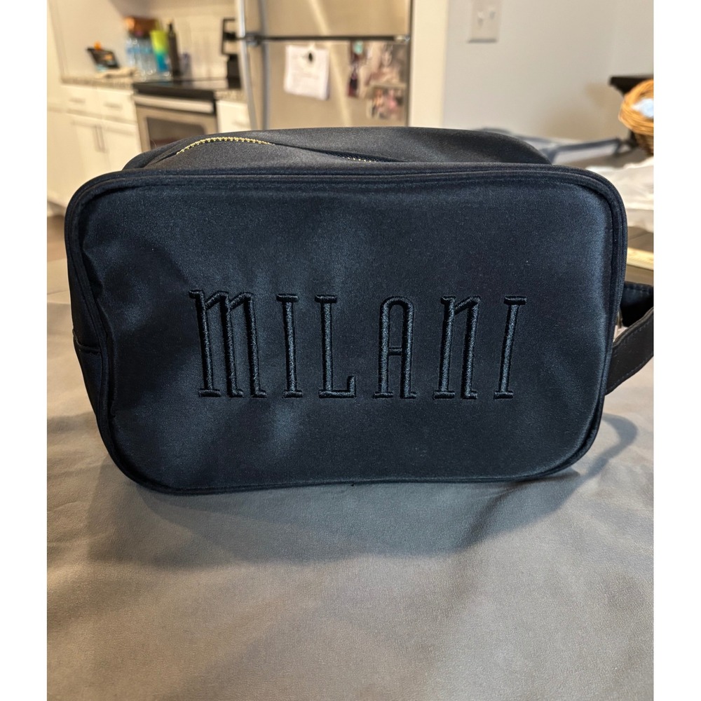 Milani Black Satin Makeup Bag Leopard Print Lining Gold Zipper Travel Case